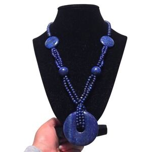 BOLD Genuine Lapis Lazuli Statement Necklace Chunky Multi-Strand Donut Pendant‎